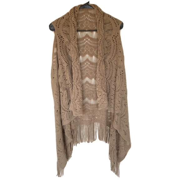 LIB New York Open Front Cardigan Brown Knit Fringe Womens One Size - Picture 1 of 5